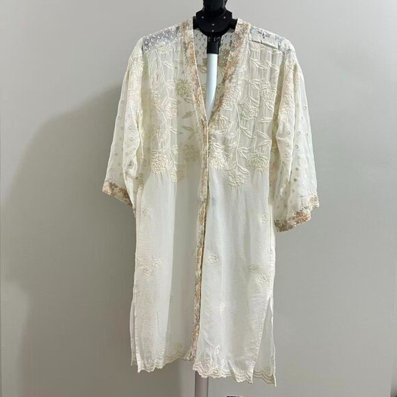 NWOT Johnny Was Kimono Embroidered Floral Jacket Coat Cream Ivory Size S - Picture 2 of 16